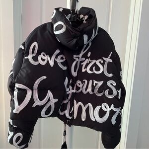 Dolce & Gabbana Black, Quilted, Cropped, Puffer Jacket with White Script Accents